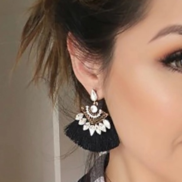 Tassel Earrings Bohemian Fan Shape Black Statement - Picture 2 of 5